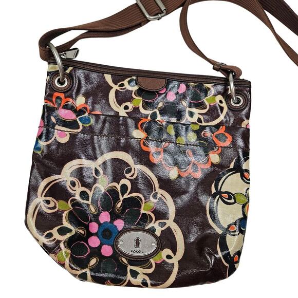 Fossil KeyPer Floral Coated Crossbody Purse‎ Brown - Picture 1 of 7